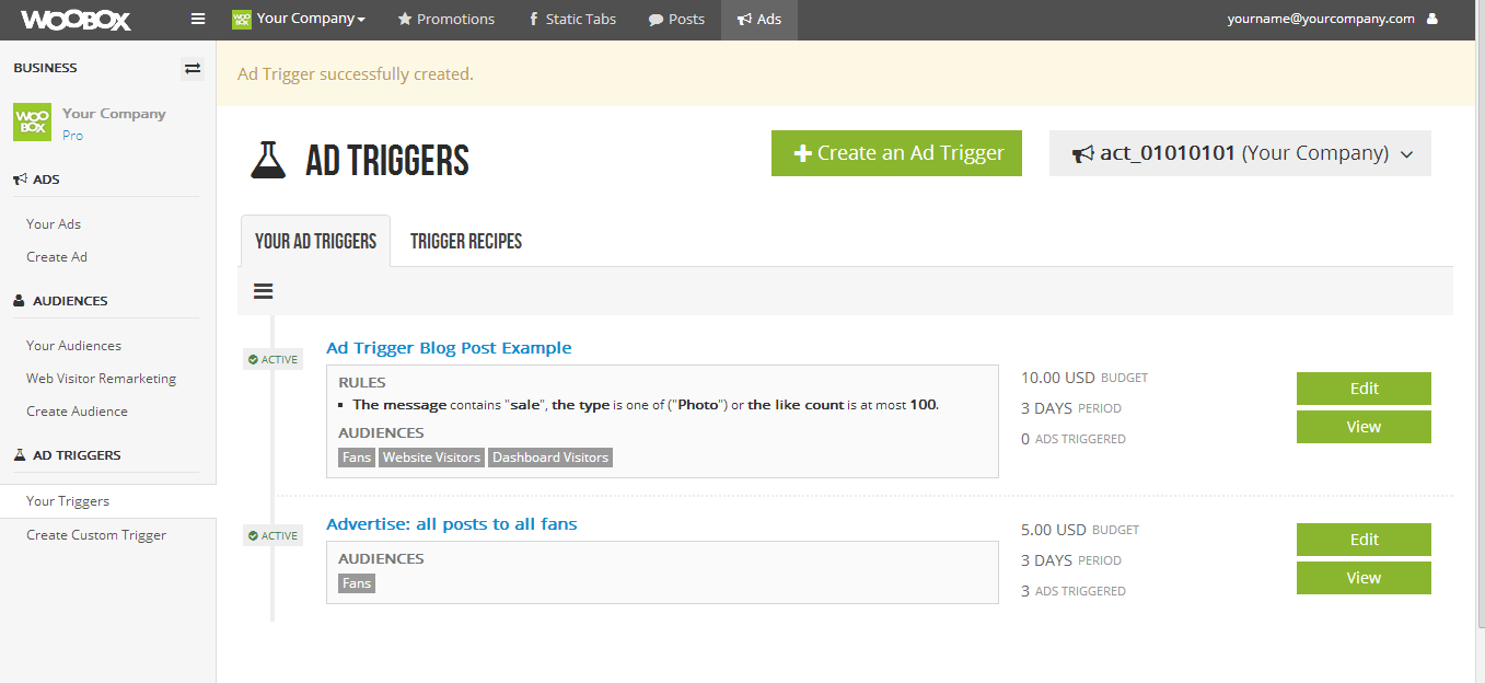 Ad Trigger landing page new trigger added