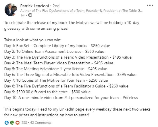 book marketing campaign giveaway idea example linkedin