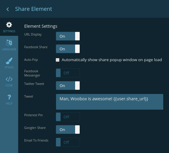 Share element settings menu