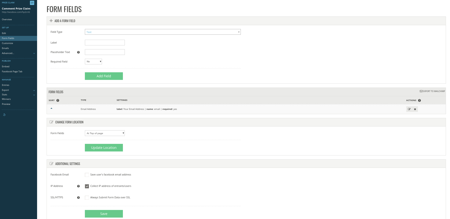 Prize Claim Form Fields